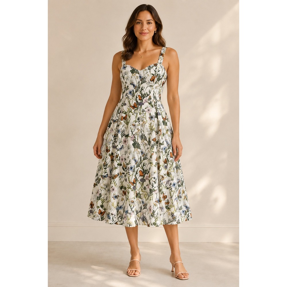 Avec Les Filles Butterfly Floral Midi Dress White Cottagecore Boho 12